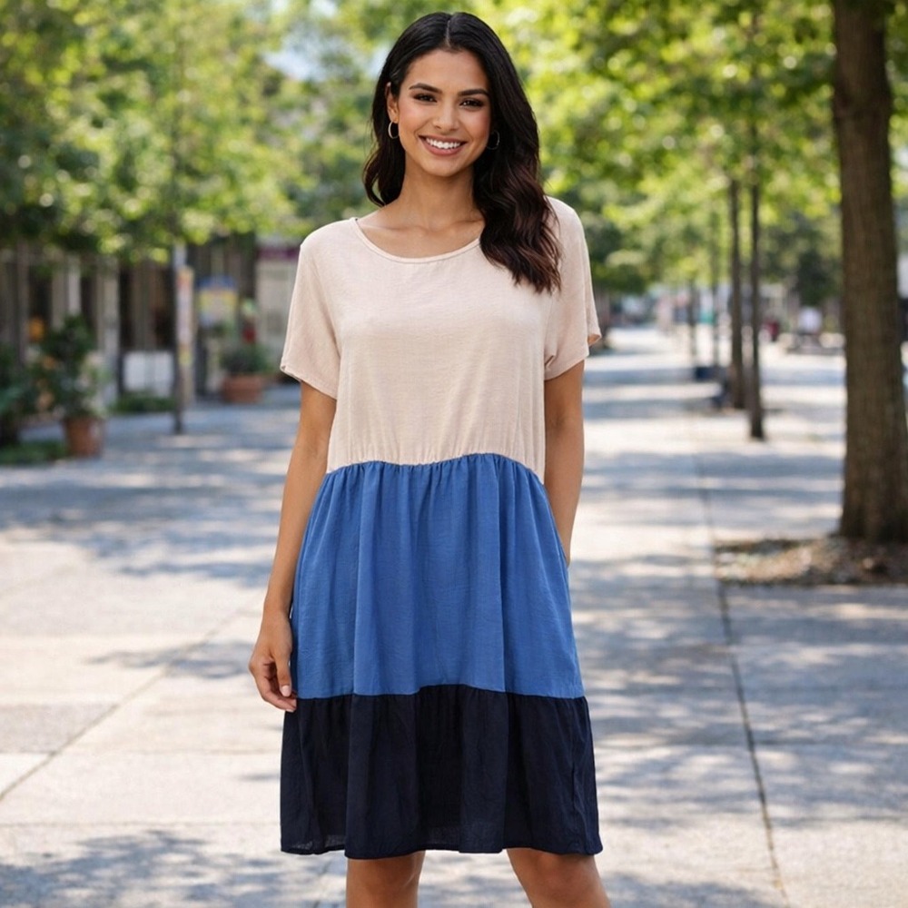 Emery‎ Rose 4XL Colorblock Tiered Dress Boho Lagenlook Blue Beige Casual Loose